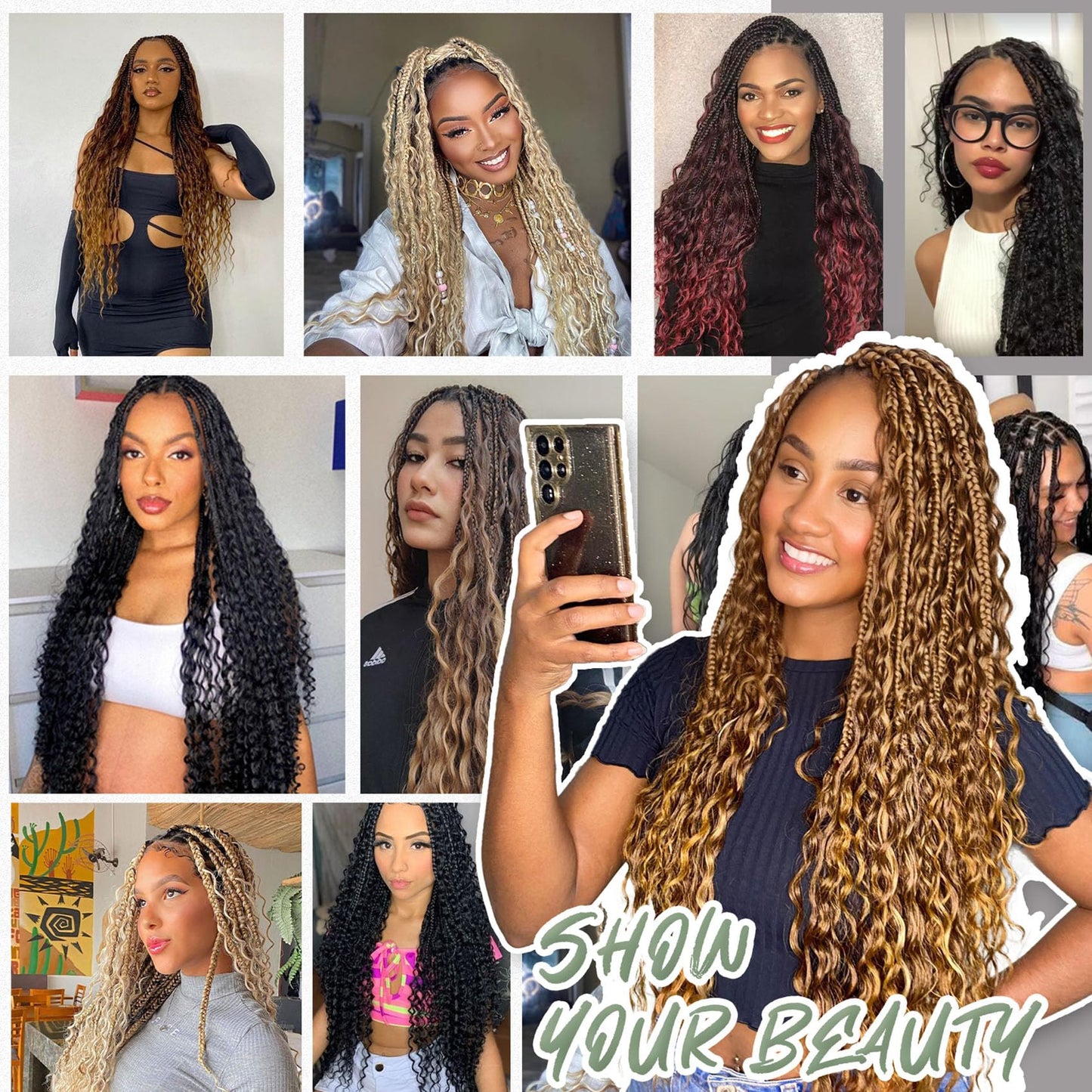 7 Packs Crochet Box Braids Curly Ends 14 Inch Goddess Box Braids Crochet Hair 3X Bohemian Hippie Crochet Braids for Woman Braiding Hair Extensions, 1B/30