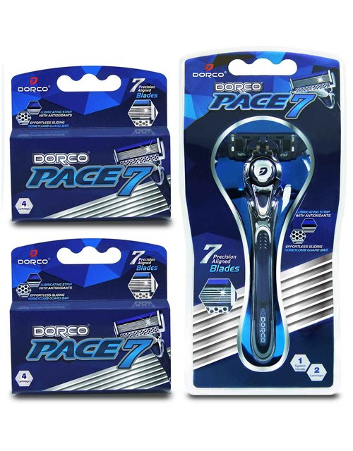 Dorco Pace 7 - Shaving Razor System for Men with Seven Curved Blades - Value Pack (10 Cartridges + 1 Handle)