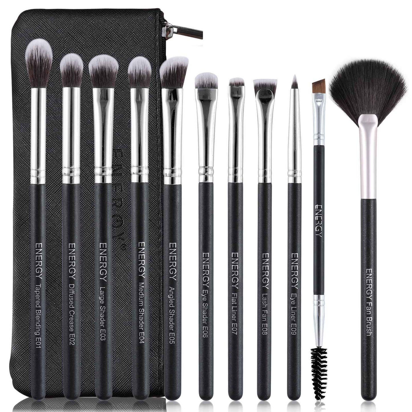 ENERGY Eyeshadow Brush Set 11PCS Professional Makeup Brushes for Eye Shadow Brows Smudge Concealer Eyeliner Eyelash Highlighter Blending Vegan Synthetic Face Make Up Kit with Travel Case Black