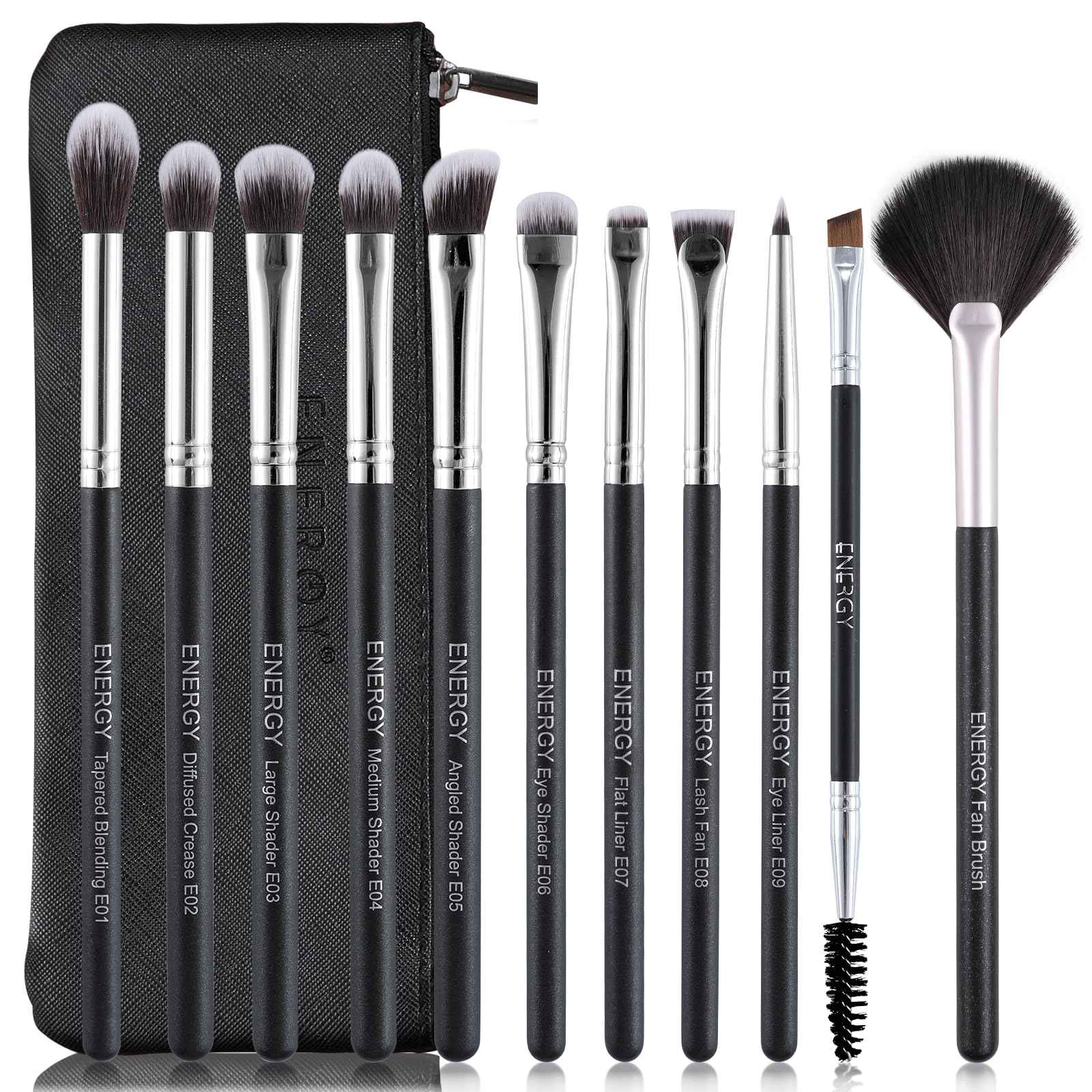 ENERGY Eyeshadow Brush Set 11PCS Professional Makeup Brushes for Eye Shadow Brows Smudge Concealer Eyeliner Eyelash Highlighter Blending Vegan Synthetic Face Make Up Kit with Travel Case Black