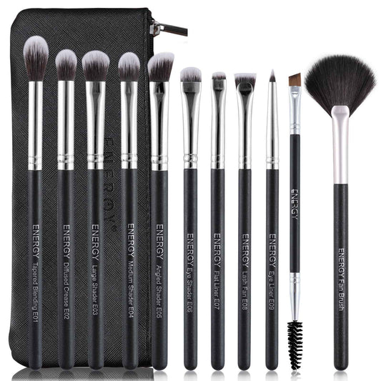 ENERGY Eyeshadow Brush Set 11PCS Professional Makeup Brushes for Eye Shadow Brows Smudge Concealer Eyeliner Eyelash Highlighter Blending Vegan Synthetic Face Make Up Kit with Travel Case Black