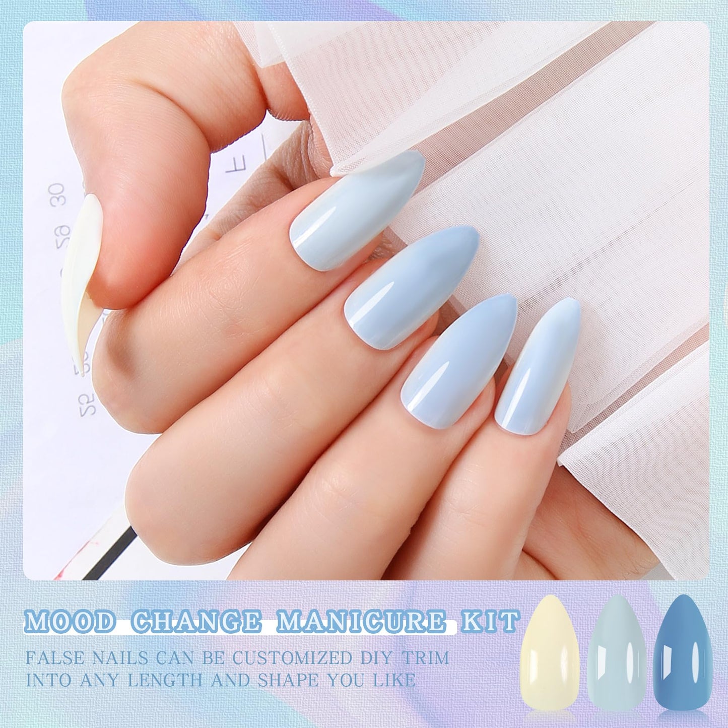 Color Changing Press on Nails Sun Actived Stiletto Tips Beige To Blue With Ultraviolet Light Pure Mood Change Fake Nails 24pcs