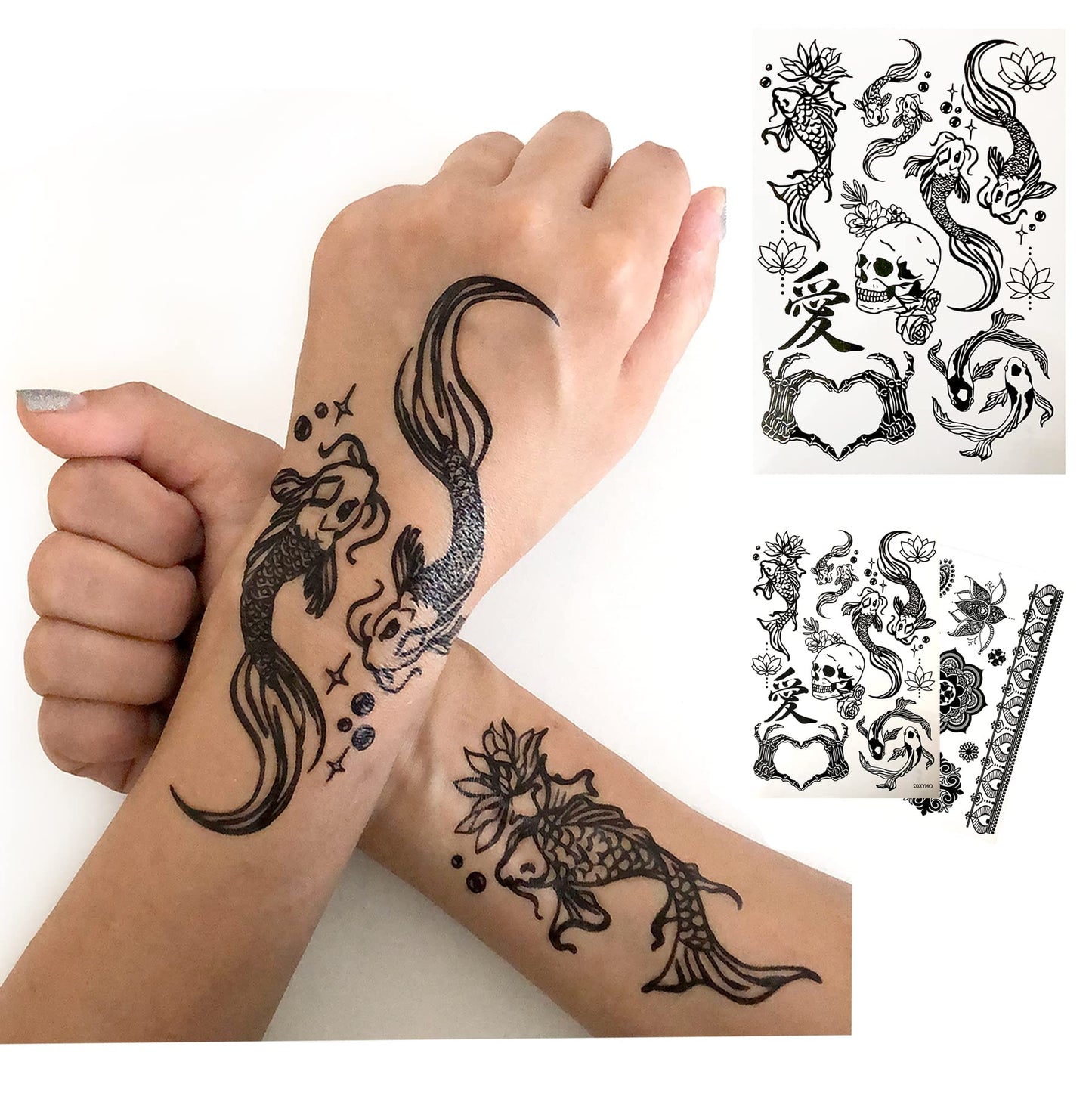 Temporary Tattoos for Adult Women - 2 Sheets - Black Big Ying and Yang Koi Fish Kanji Love Skeleton Heart Hand Skull Lotus Sleeve Adults Tattoo