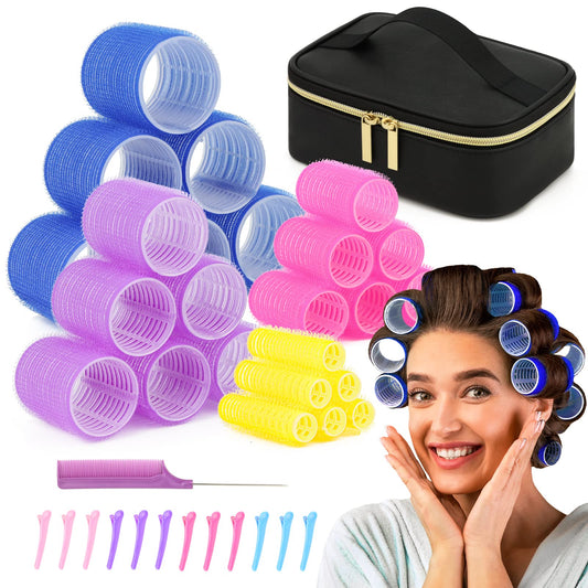 Hair Rollers Set with Free Cosmetic Bag - Sooninno Self Grip Heatless Curlers for Medium to Long Hair, Volumizing - Set of 38 Pieces with Clips and Comb