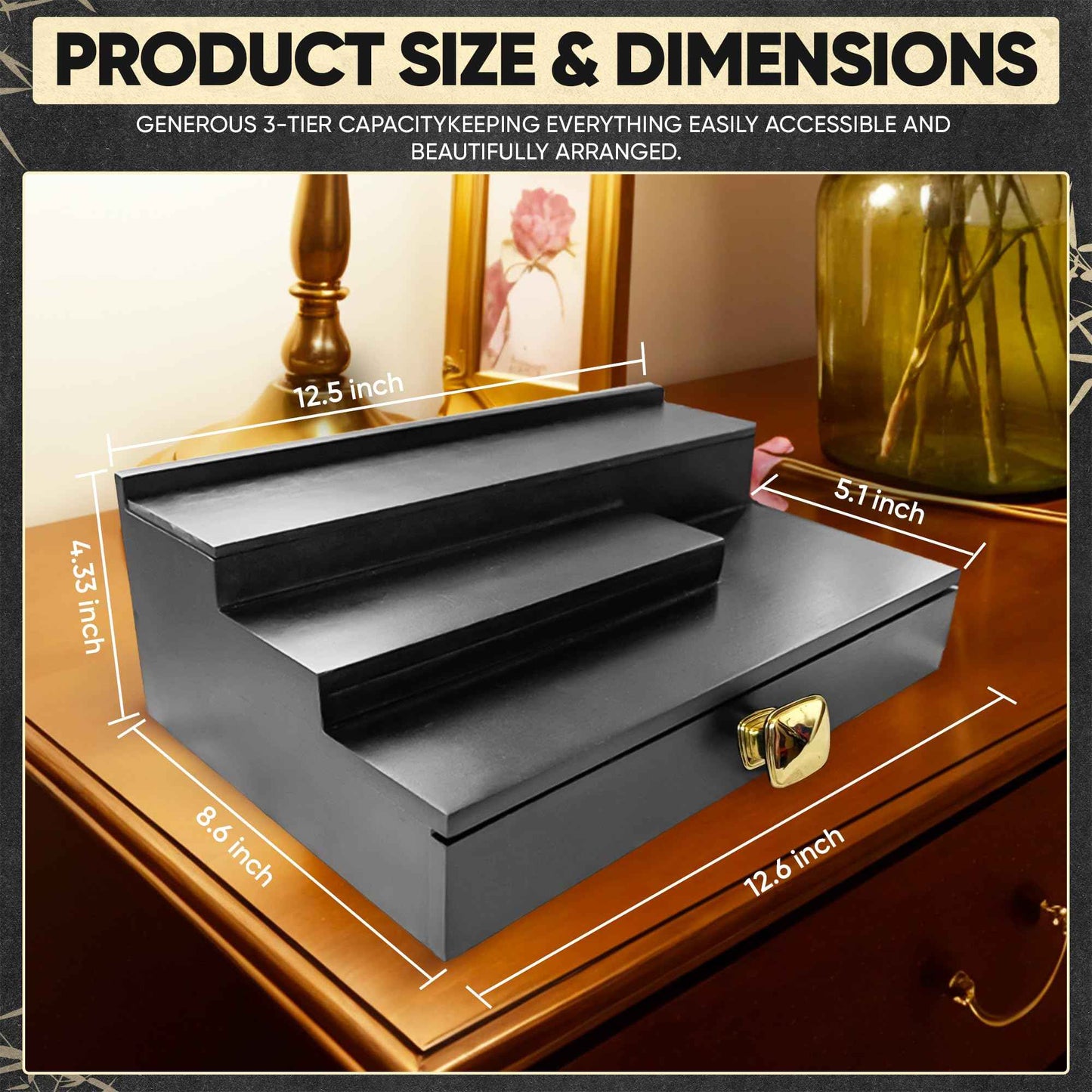 Wooden Cologne Organizer for Men – 3-Tier Cologne Shelf for Perfume Display with Hidden Compartment, Perfume Tray & Rack for Dresser, Stylish Stand for Bathroom, Great Gift for Men