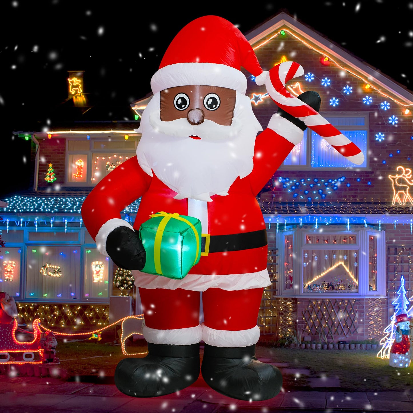 Trystway 6FT Inflatable Christmas Black Santa Claus with Gift Box and Candy Decoration Blow Up Built-in LED for Holiday Lawn Yard Garden Home Indoor Outdoor Party