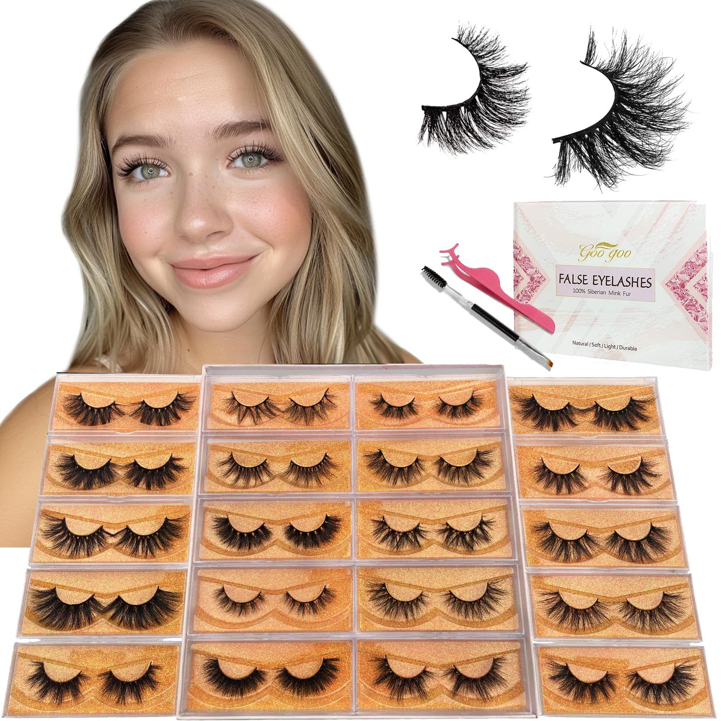 GOO GOO 3D Mink Eyelashes, 13mm to 25mm 20 Styles Multipack Fake Eyelashes Wholesale Bulk Eyelashes Reusable Handmade Siberian Mink False Eyelahses for Women