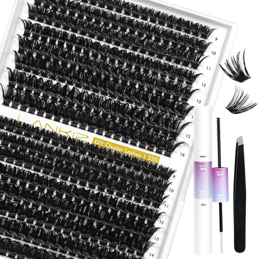 LANKIZ Lash Extension Kit, 60+80D Lash Clusters Kit, 312pcs Individual Lashes with Lash Bond & Seal, 9-16mm DIY Eyelash Extension Kit for Beginners, Wispy Lash Kit at Home