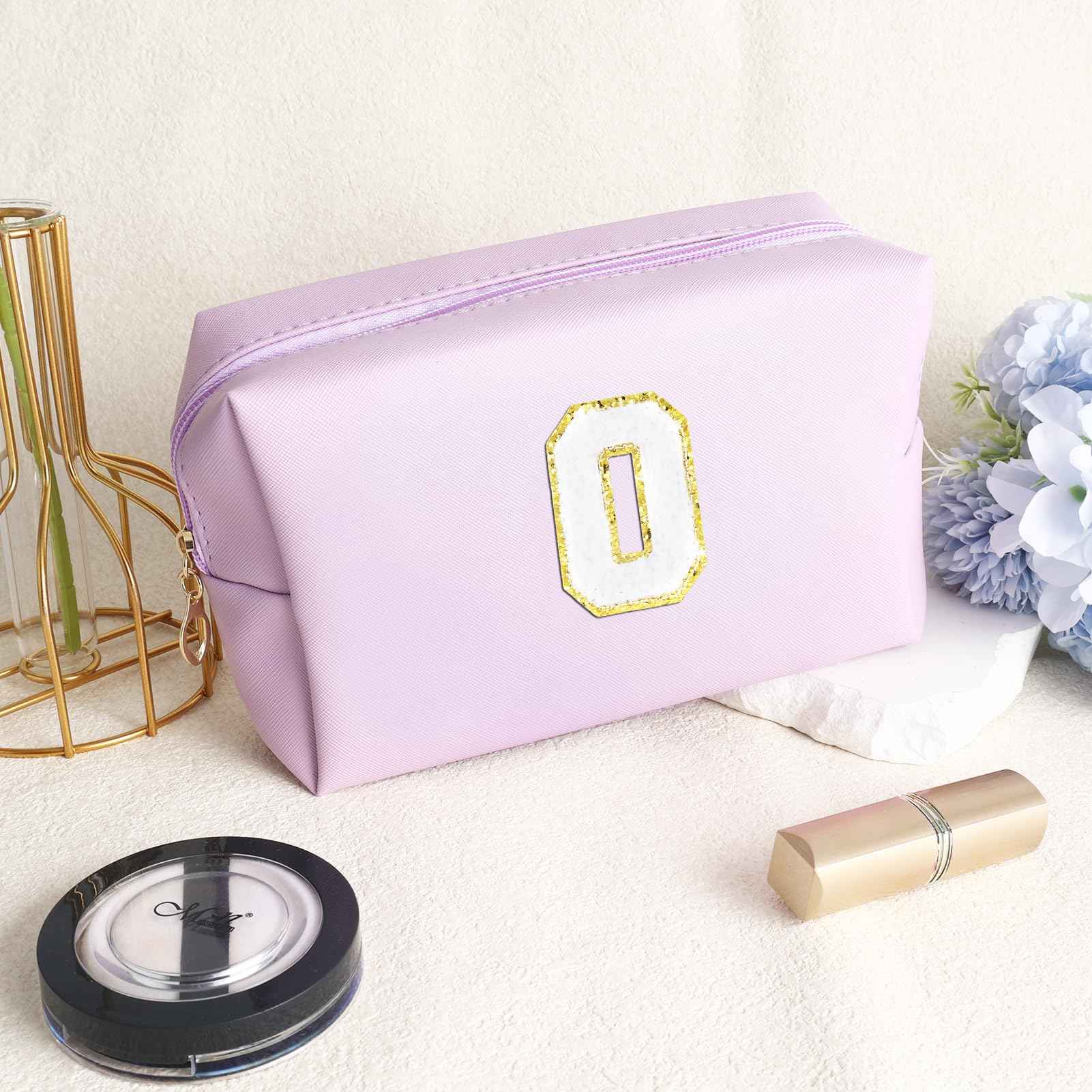 URSKYTOUS Gifts for Girls Initial Makeup Bag Personalized Cosmetic Bag with Zipper Cute Travel Toiletry Bag Waterproof PU Preppy Makeup Pouch Birthday Gift for Teen Girls Women(Purple O)