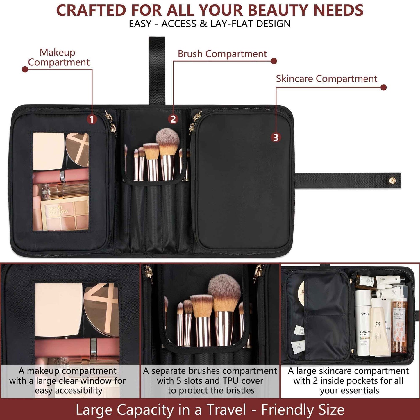 Travel Makeup Bag for Women for Cosmetics, Brushes, and Toiletries, Compact and Portable Makeup Organizer, Large Capacity Storage Cosmetic bag for Business, Vacation, or Weekend Traveling (Black)