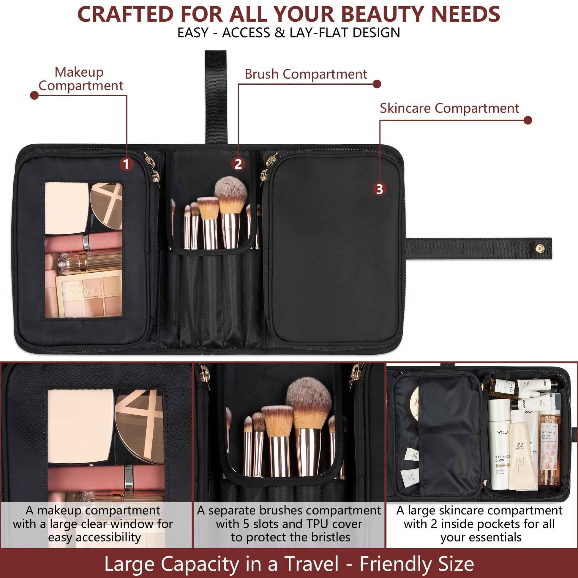 Travel Makeup Bag for Women for Cosmetics, Brushes, and Toiletries, Compact and Portable Makeup Organizer, Large Capacity Storage Cosmetic bag for Business, Vacation, or Weekend Traveling (Black)