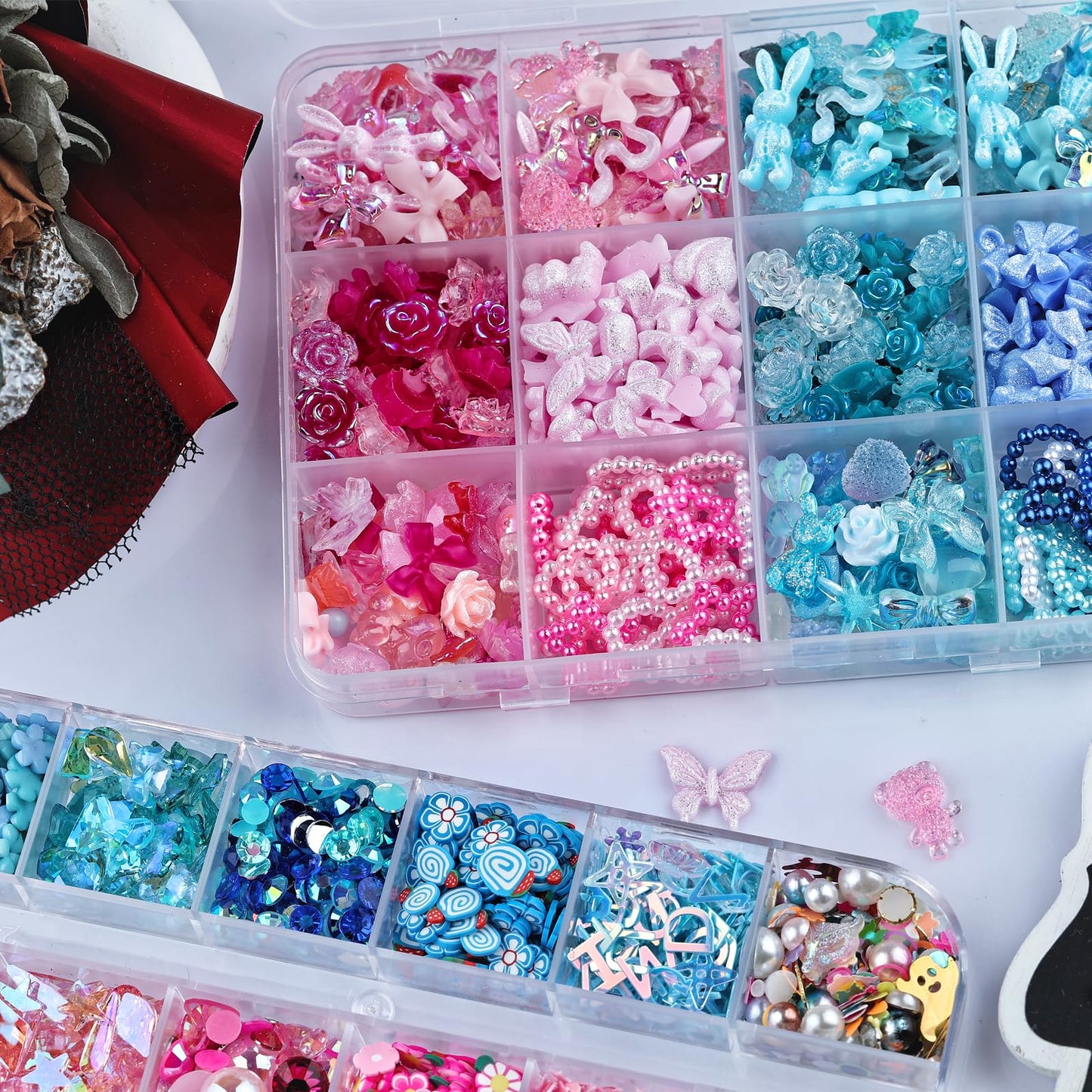 Kikonoke 1400 Pieces 3D Butterfly Rose Flower Bow Rabbit Bear Nail Charms Kit with Nail Art Rhinestones Pearls Crystal Gems Nail Slices for Manicure DIY Crafts Jewelry Accessories (Pink Blue)