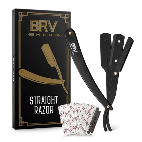 BRV MEN Professional Straight Edge Barber Razor w/ 100 Single Edge Razor Blades | Straight Razors for Men | Barbershop Accessories | Mens Shaving Knife & Shavette - Black