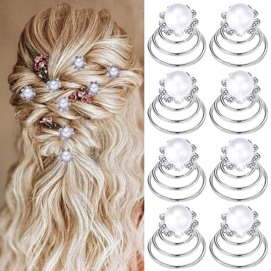 NAISKA Rhinestone Hair Accessories Spiral Hair Pins Wedding Crystal Pearl Hair Clips Silver Coil Bridal Headpieces Women and Girls Hair Decoration for Prom Party(8PCS)