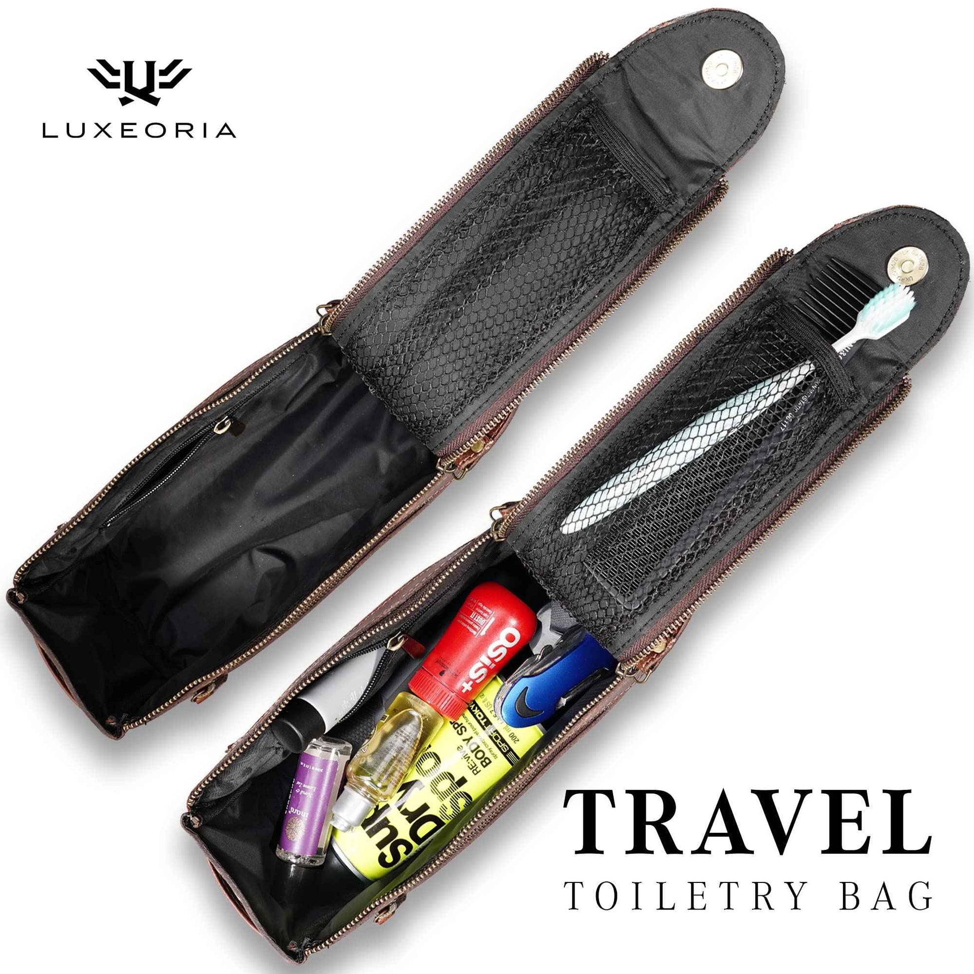 LUXEORIA Premium Handmade Leather Toiletry Bags for Men and Women, Genuine Leather Dopp Kit and Shaving Bag for Men, Travel Cosmetic Bag for Women's and Men's, Zipper Pocket, Chocolate