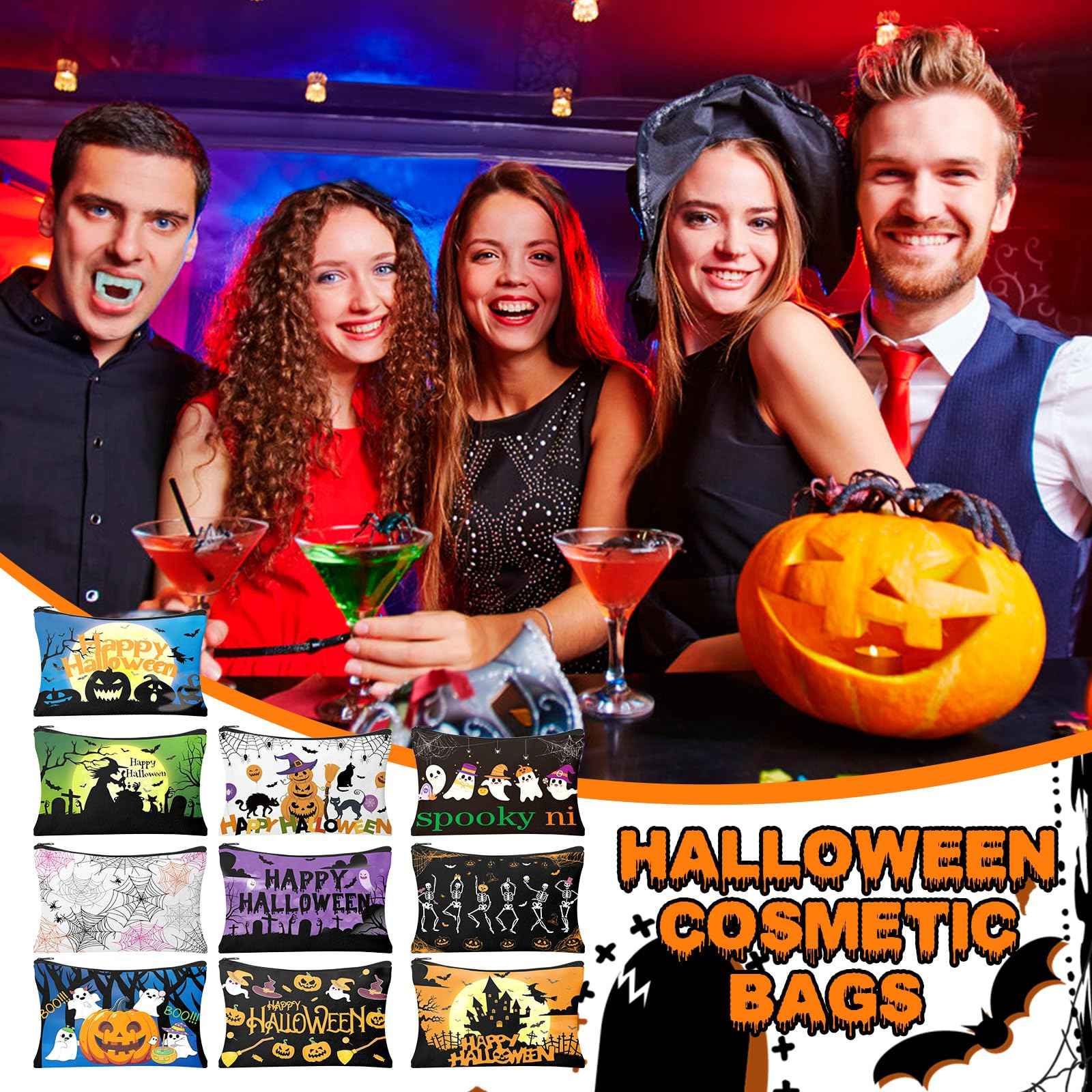 HSDSH 30Pcs Halloween Makeup Bag Cute Halloween Cosmetic Bag with Zipper Pumpkin Travel Toiletry Pouch Bag Organizer Halloween Party Gifts Supplies for Women