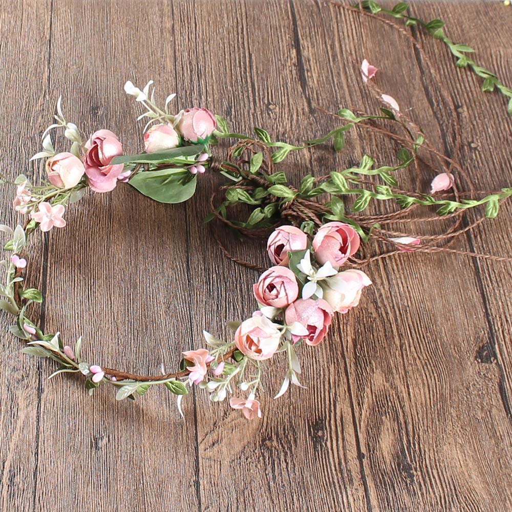 Rose Flower Headband Floral Leaf Crown Hair Bands Leaves Berry Vine Wreath Women Wedding Bridal Hair Hoop Boho Hairband Headpiece Party Decoration Cosplay Costume Cute Handmade Hair Accessories Pink