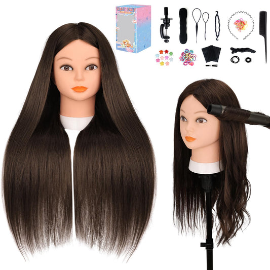 Mannequin Head with 70% Human Hair, Yofuly 26" Dark Brown Real Human Hair Training Head, Cosmetology Doll Head with Clamp Holder & Tools, Practice Doll Head for Hair Styling, Braiding, Curling,Cutting