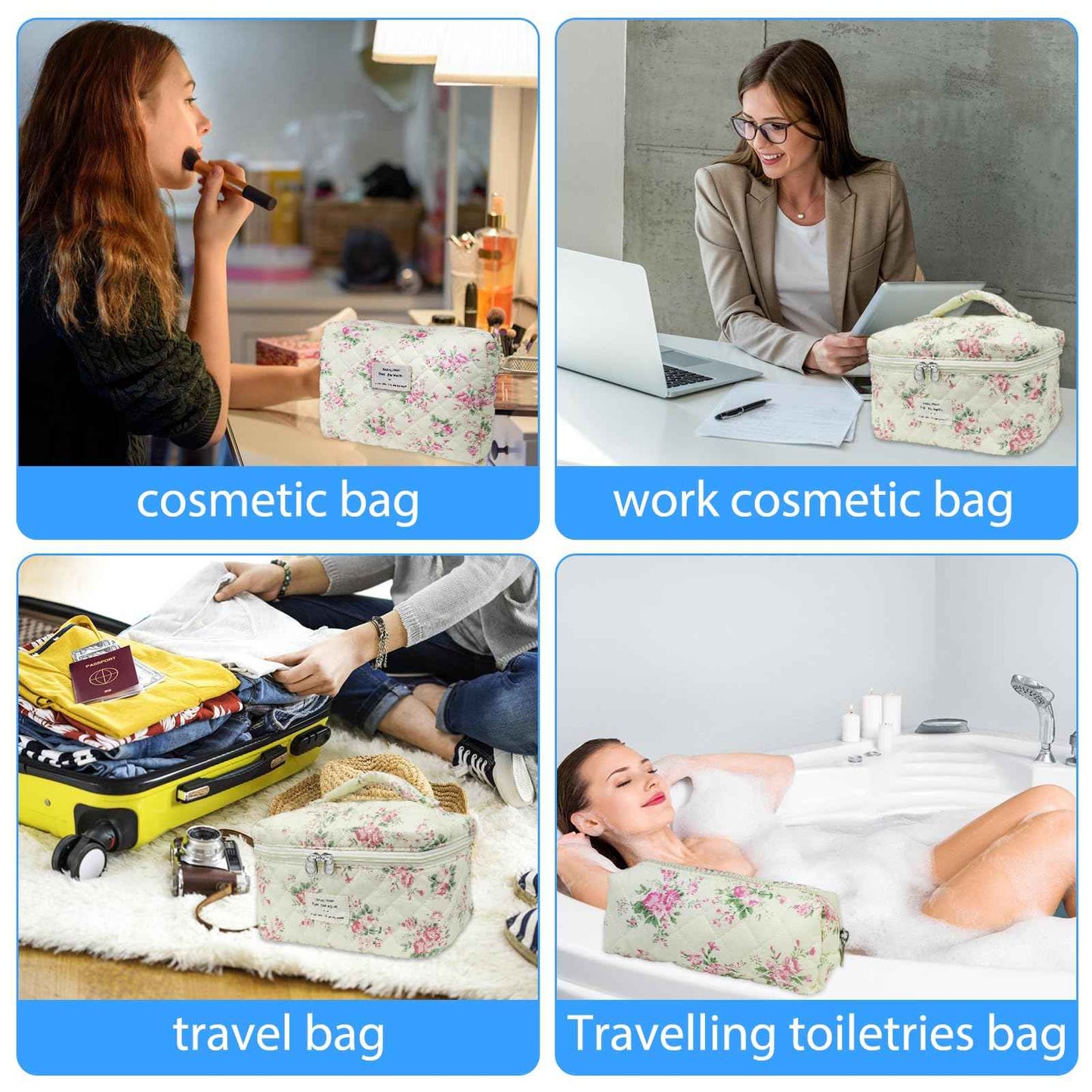 Quilted Makeup Bag, Large Capacity Travel Cosmetic Bag for Women and Girls, Aesthetic Storage, Suitable for Daily and Travel Use (3pcs-PinkRose)