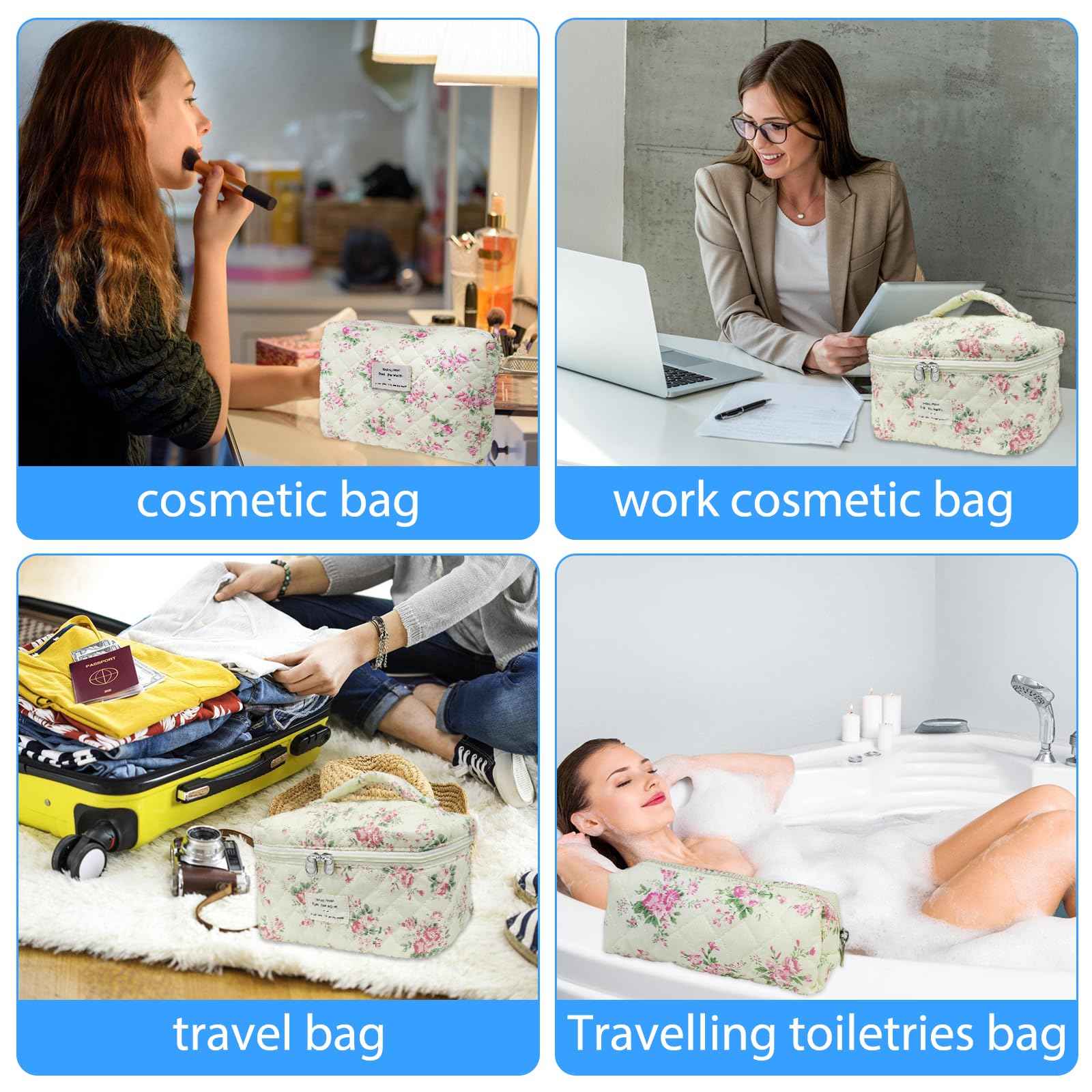 Quilted Makeup Bag, Large Capacity Travel Cosmetic Bag for Women and Girls, Aesthetic Storage, Suitable for Daily and Travel Use (3pcs-PinkRose)