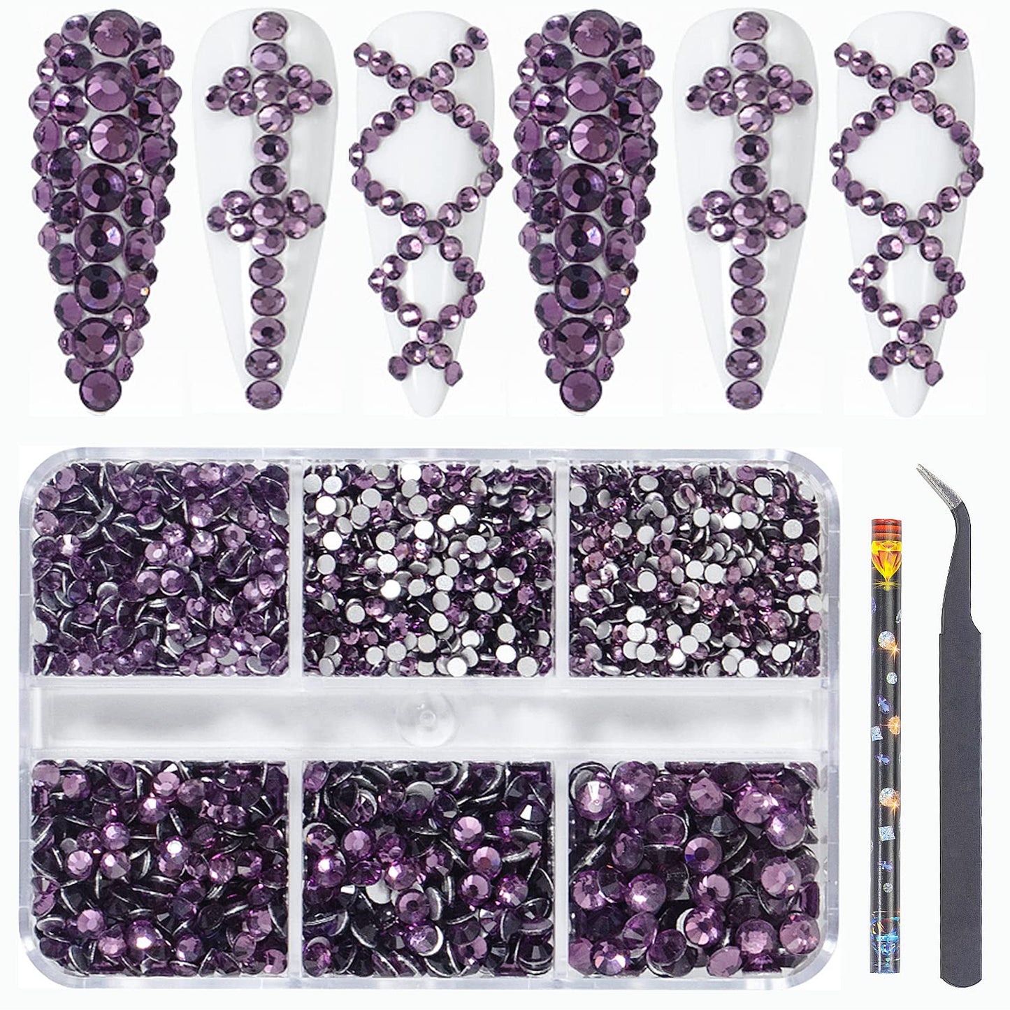 6Grids 3000Pcs Clear Flatback Rhinestones, Lotus Purple Nail Gems Crystals Jewels, Craft Glass Diamonds Stones Bling Rhinestone with Tweezers and Picking Pen For Nail Face Makeup(1.8mm~4mm Crystal)