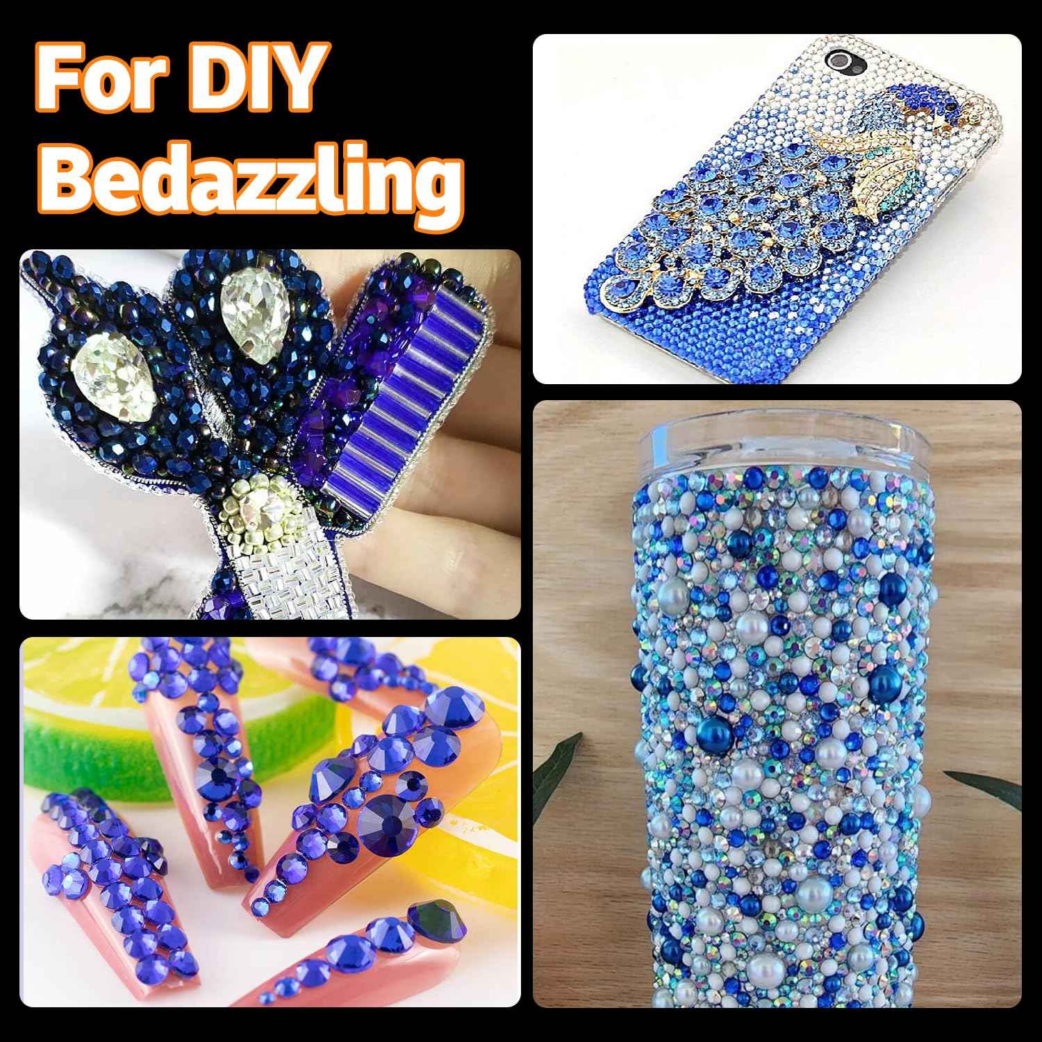 50g Blue Color Flatback Rhinestones Pearls for Bedazzling, 3-8mm Flatback Rhinestone Gems, 2-10mm Pearls Beads, Moon Star Heart Bowknots Pearl Nail Charms for Crafts DIY Clothes Tumblers