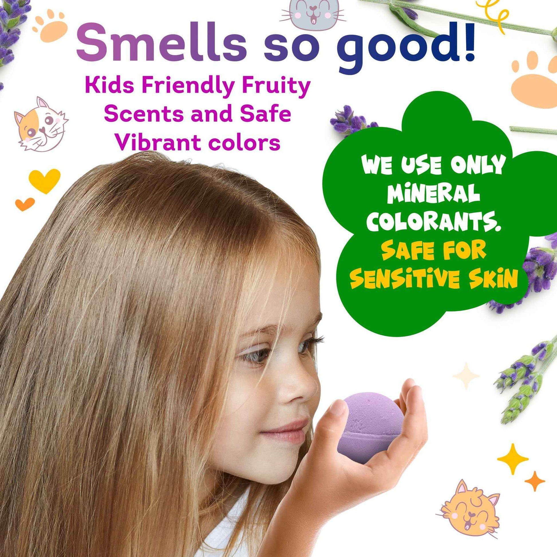 Made in USA 6 Organic Bath Bombs for Kids Set with Cat Toys Surprise Inside for Kids - Surprise Cute Cats Inside Each Fizzy Bath Ball - Natural and Safe for Girls, Boys, Teens - Perfect for Gift