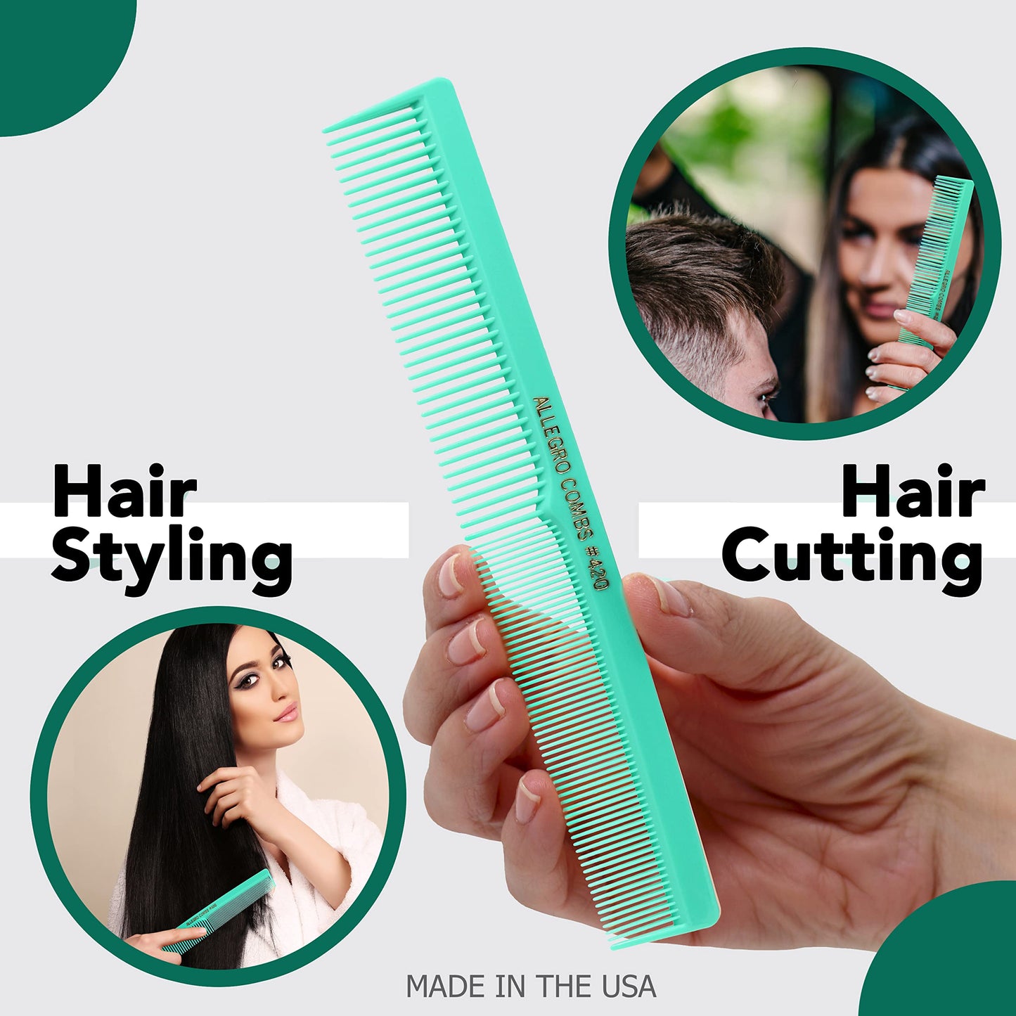 Allegro Combs 420 Hair Stylist Barbers Cutting Combs Beard Comb Mustache Mens Women Toddler Boys Braiding Hair Parting USA 3 Pc. (Fresh mint)