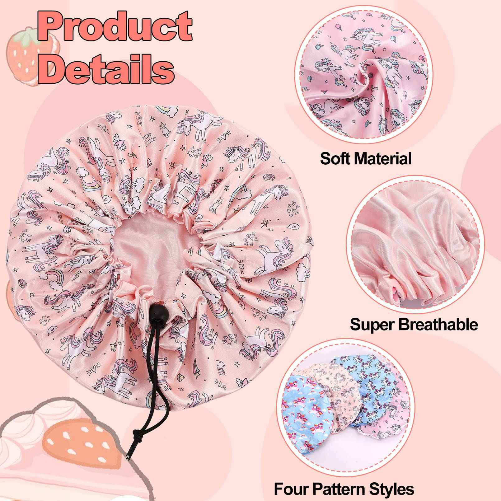 CACASO 4 Pieces Kids Satin Bonnet Sleeping Cap,Adjustable Satin Sleep Cap for Sleeping Hair Bonnet,Double Layer Reversible Sleep Bonnet Soft Night Hats for Natural Hair Toddler Child Baby(A-Unicorn)