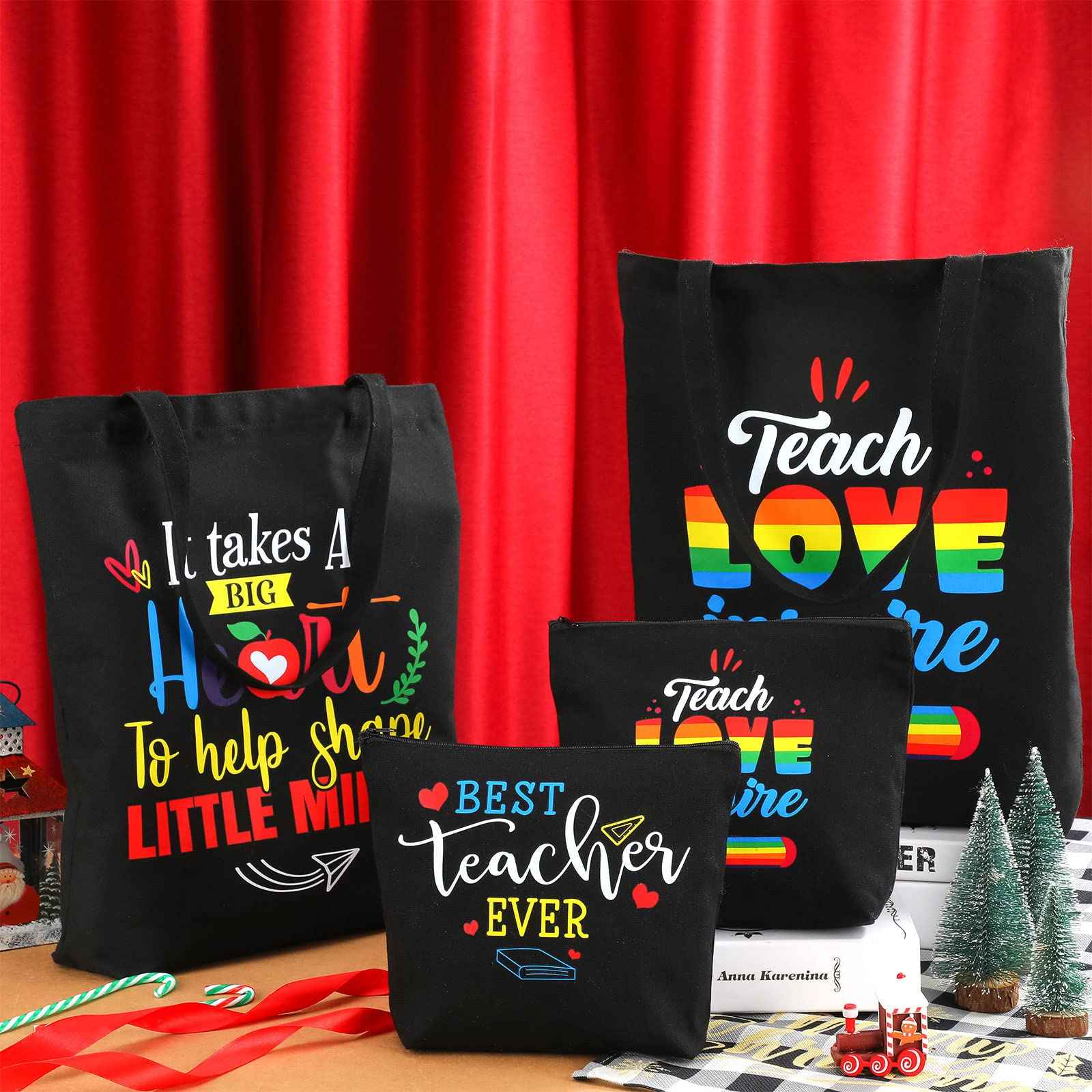 Oudain 8 Pcs Teacher Appreciation Gifts for Women Graduation Gifts Canvas Tote Bag Cosmetic Toiletry Canvas Makeup Bags with Zipper for Teacher Birthday Farewell Parties