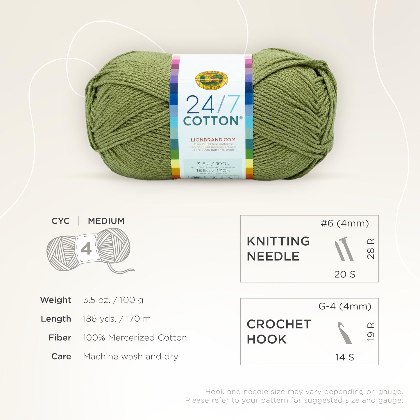 Lion Brand 24/7 Cotton Yarn, Lightweight Yarn for Knitting, Crocheting, and Crafts, Bay Leaf, 1 Pack