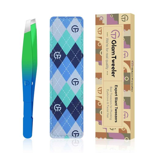 Exclusive G-01 Slant Tip Tweezers, GlamTweeler High Precison Expert Eyebrow and Facial Hair Removal Tweezer with Leather Storage & Carrying Case (Princess Blue & Green)