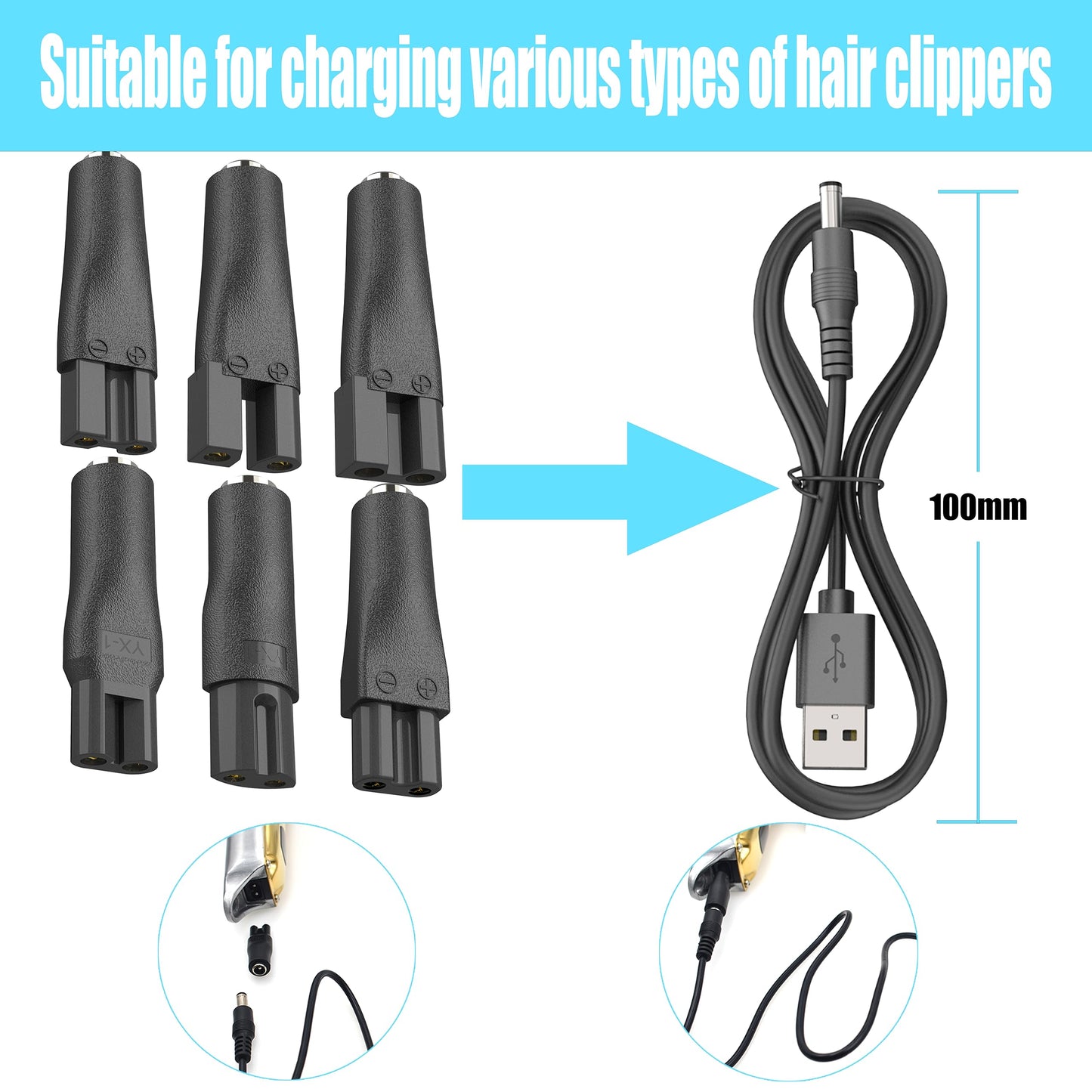 9 PCS 5V Replacement Charger USB Power Cord Adapter Compatible with Various Types of Hair Clippers, Beard Trimmers, Shavers, Beauty Instruments,Electric Hairdressers, Desk Lamps,HQ8505 Charging Cable