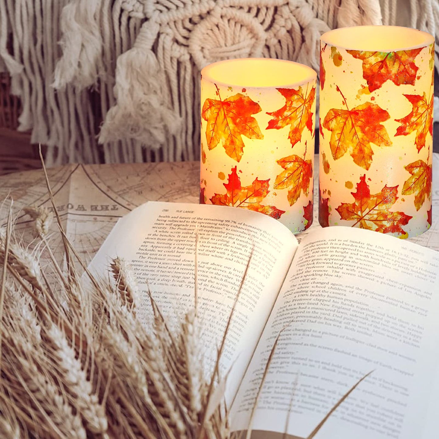 REVELBUNNY Fall Decor Flameless Candles, Autumn Maple Leaves LED Candles with Remote Timer, Battery Powered Pillar Candles for Thanksgiving Party Wedding Decoration, D3 x H4 5" 6" Set of 3