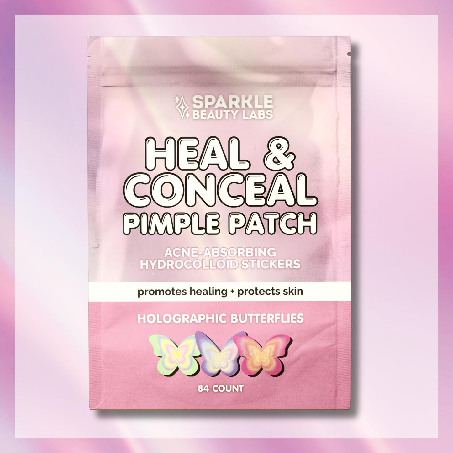 Sparkle Beauty Labs Heal & Conceal Pimple Patch - Cute Holographic Butterfly Shaped Acne Patches, Fun Hydrocolloid Zit Stickers for Face (Iridescent Pink Butterflies, 84 Count)