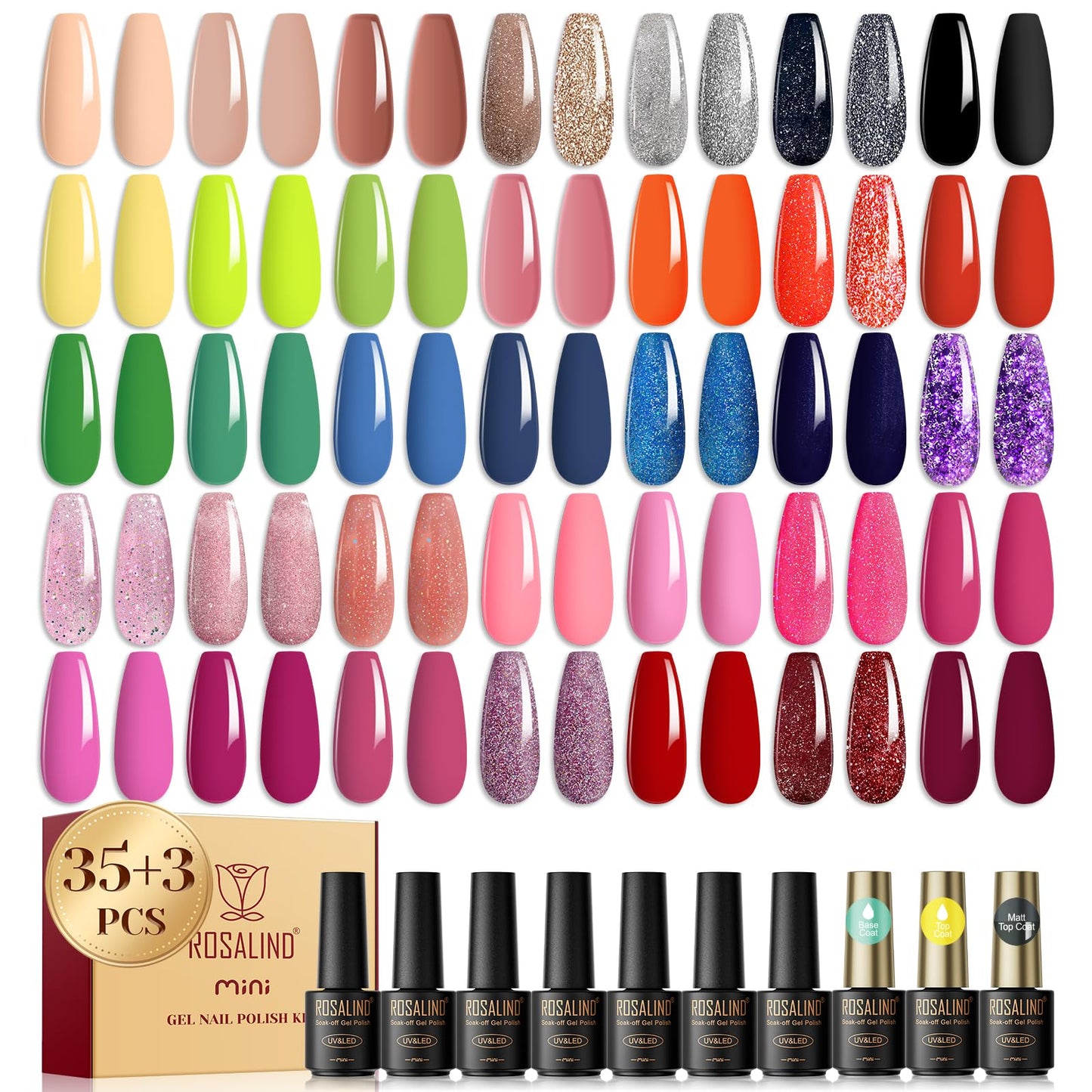 ROSALIND 38PCS Gel Nail Polish Set, 35 Colors Red Pink Nude Blue Green Gel Polish Set All Seasons with Base and Glossy & Matte Gel Top Coat Nail Gel Set Suitable Gift For Women