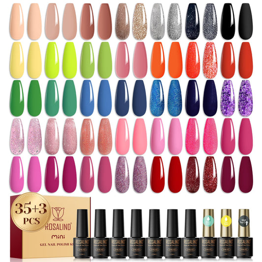 ROSALIND 38PCS Gel Nail Polish Set, 35 Colors Red Pink Nude Blue Green Gel Polish Set All Seasons with Base and Glossy & Matte Gel Top Coat Nail Gel Set Suitable Gift For Women