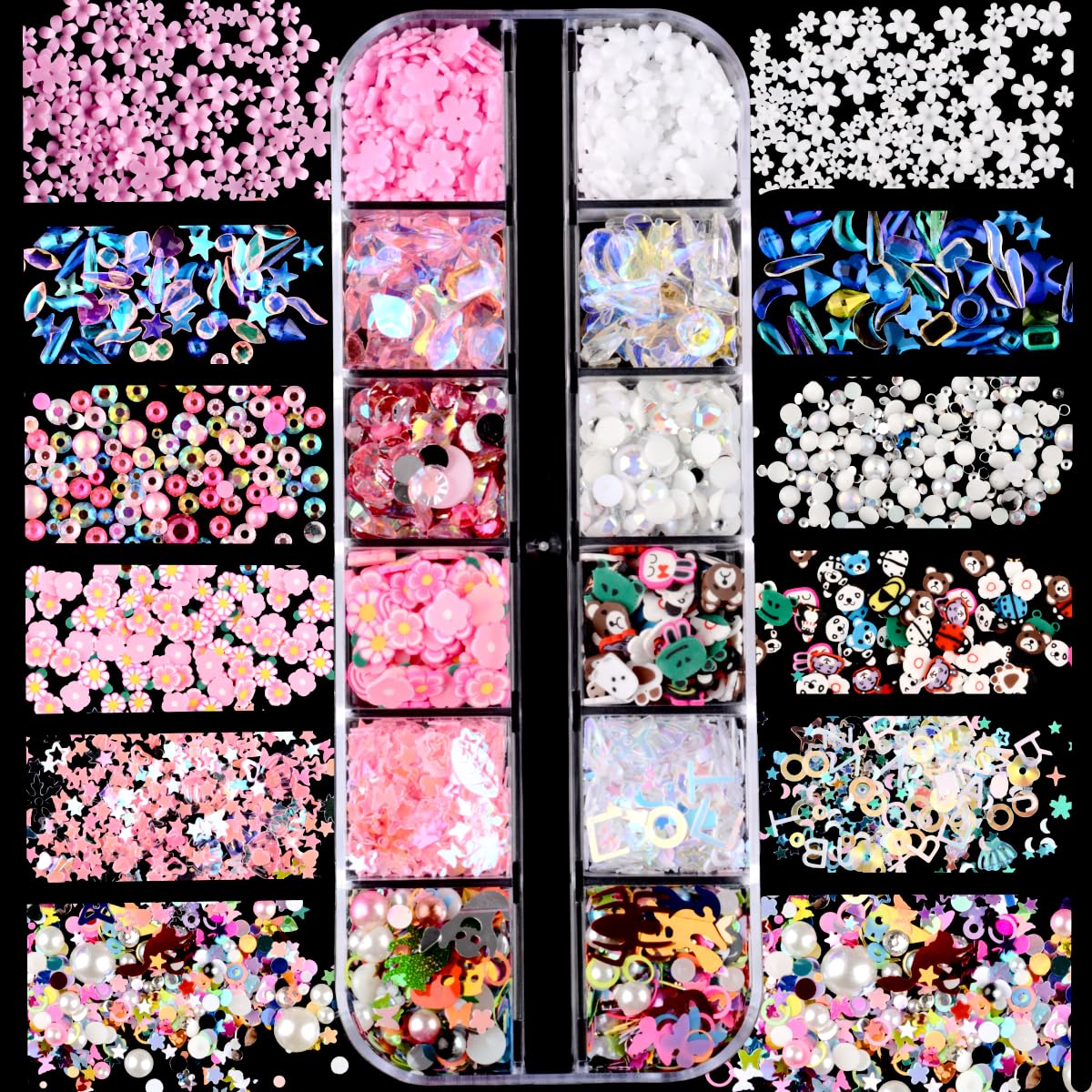 Umillars 460pcs 3D Resin Nail Art Charms with 950pcs Special Shape Nail Rhinestones Flatback Rhinestones Nail Art Slices Acrylic Hollow Beads Nail Art Sequins Mini Flowers for Nail Art Designs Craft