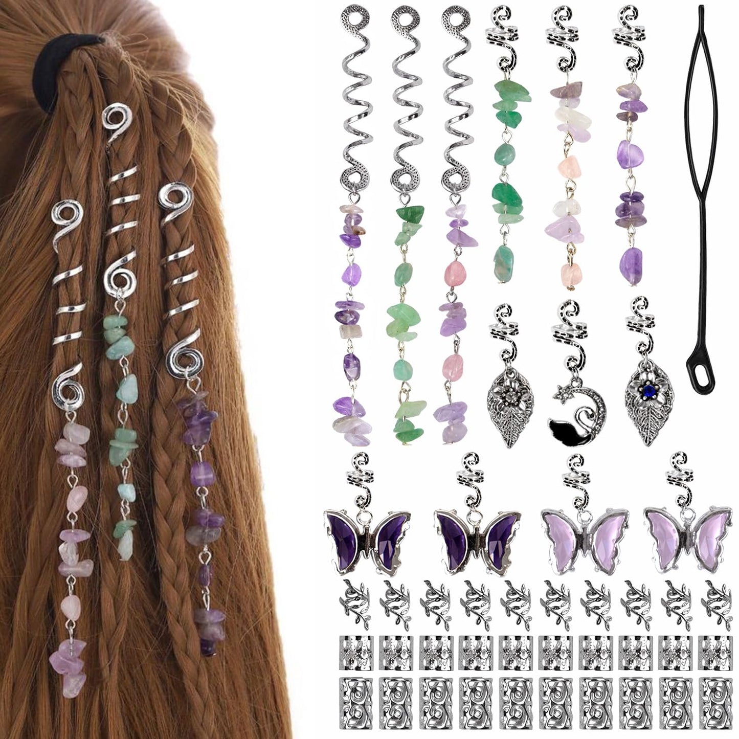 Qingchuang 44 Pcs Silver Dreadlock Accessories Natural Colored Crystal Stone Tassels Hair Charms, Light Weight Hair Jewelry pendent for Girls Women