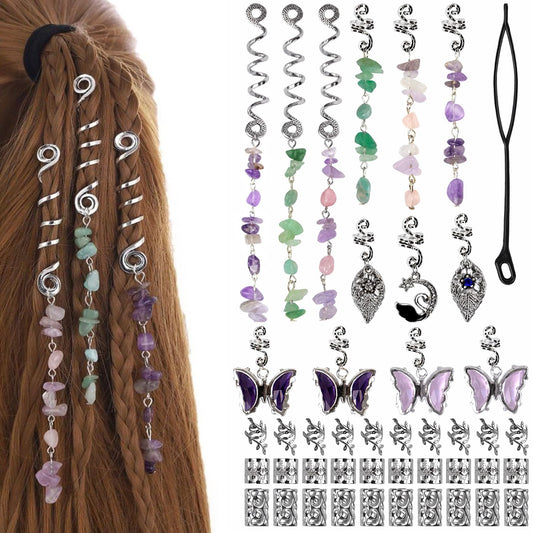 Qingchuang 44 Pcs Silver Dreadlock Accessories Natural Colored Crystal Stone Tassels Hair Charms, Light Weight Hair Jewelry pendent for Girls Women