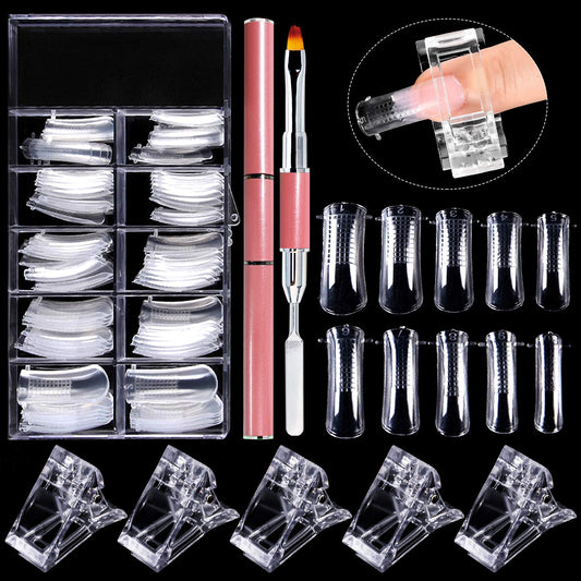 EBANKU 100 PCS Clear Nail Extension Form Tips Dual Nail Mold Full Cover UV Polygel Gel Tools Acrylic Nail System Forms Set with Black Dual-Ended Polygel Brush & Picker 5Pcs Nail Tips Clip (Pink)