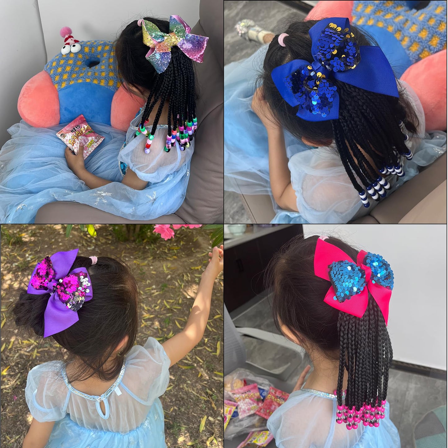 Kids Hair Accessories For Girls Kids Braided Ponytail Extension With Beads Braids Hair Extensions For Kids Pony Beads Synthetic Crochet Braids Hair (Rainbow#, 9 Inch-18 Strands)