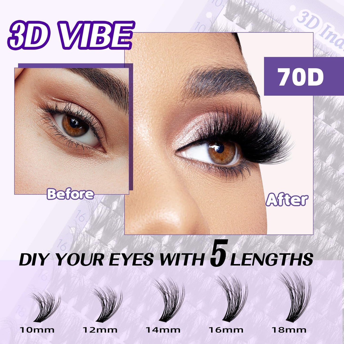 Lash Extension Kit 3D Thick Lash Clusters Kit 280pcs Eyelash Extension Kit 10-18mm 70D D Curl DIY Lash Extension Kit with Lash Bond and Seal, Lash Remover (KIT-70D-MIX10-18mm)