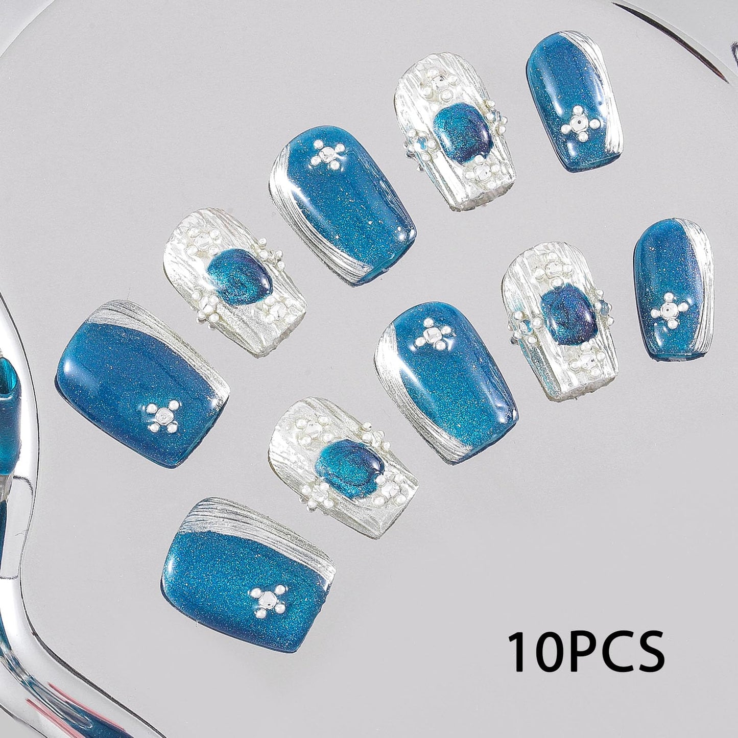 Sethexy Blue Handmade Press On Nails Short Coffin False Nails with Design Salon Acrylic Silver Glossy Fake Nails for Women and Girls 10PCS (Blue5)