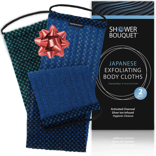 Japanese Exfoliating Washcloth for Back & Body 2-Pack - Charcoal & Silver Ion Exfoliating Towel with Handles - Two-Sided Gentle Exfoliation & Deep Cleanse Body Wash Cloths for Shower - 1 Blue, 1 Green