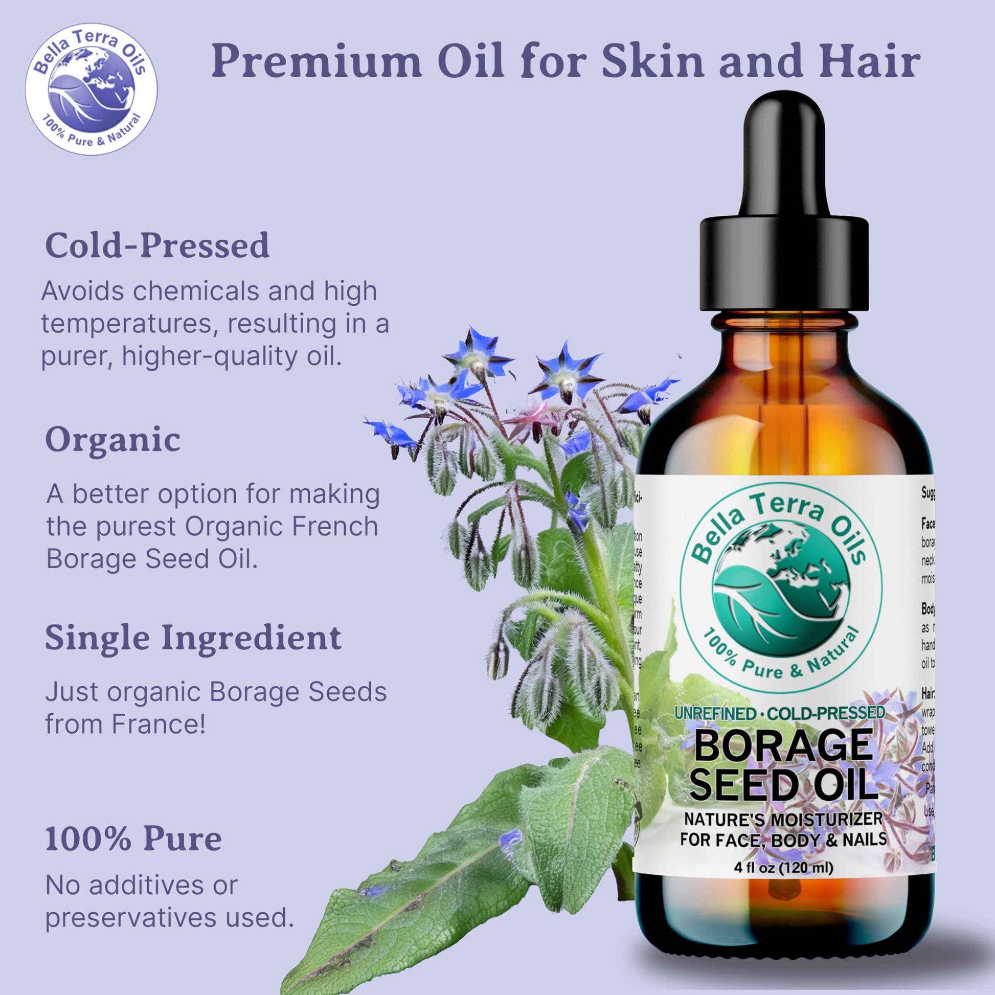 Bella Terra Oils - Organic Borage Seed Oil 4 oz - Rich in GLA, Pure & Untouched, Abundant in Omega-6 Fatty Acids, Elevate Skin's Natural Radiance & Softness