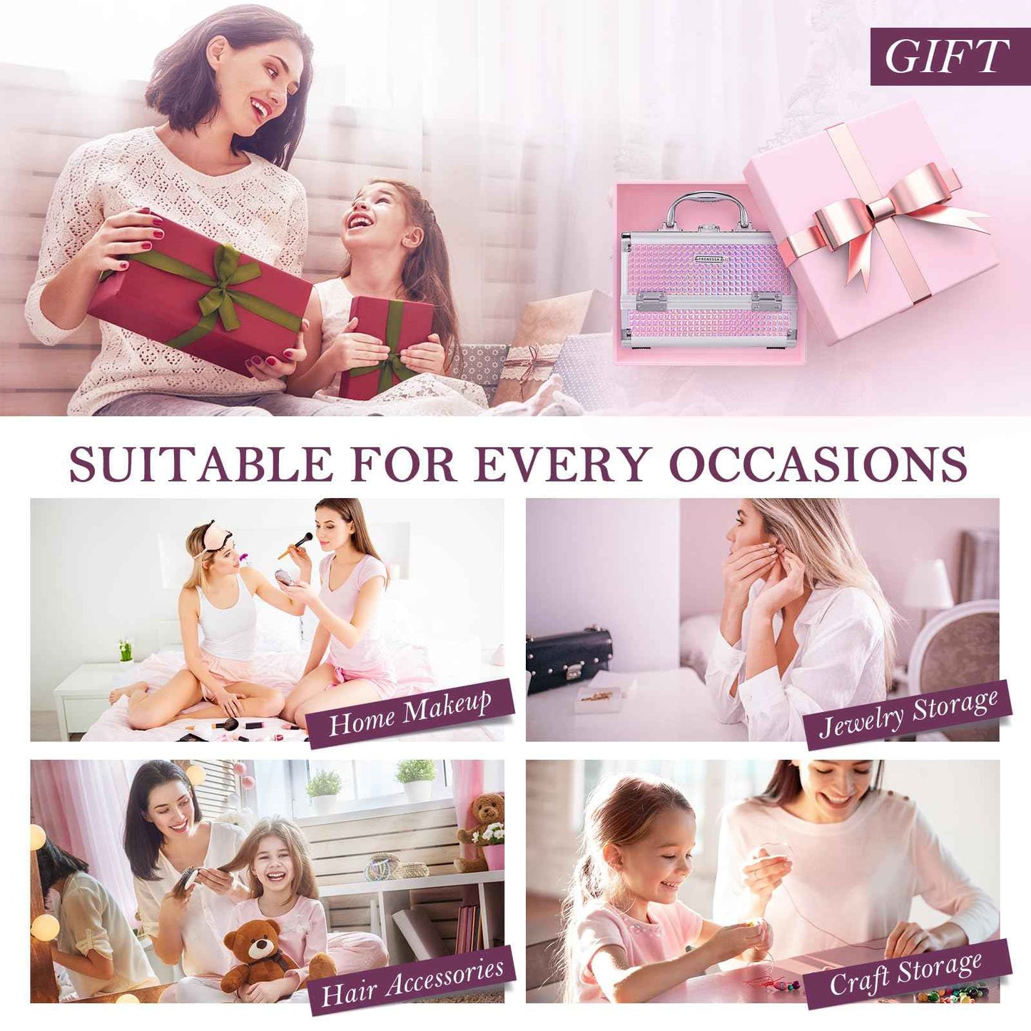 FRENESSA Makeup Train Case Makeup Box Organizer Portable Cosmetic Travel Case Makeup Case with Mirror Locking Make Up Cases Organizers and Storage for Nail Supplies Hard Cosmetic Box Shiny Pink