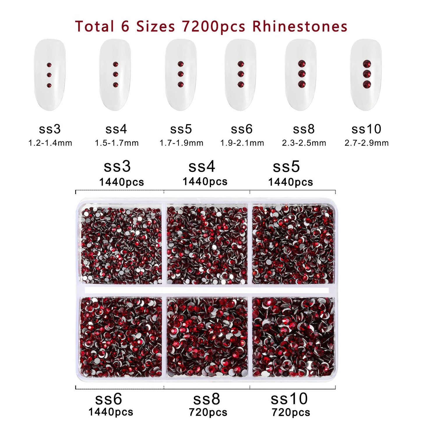 Beadsland 7200pcs Flatback Rhinestones,Dark Red Rhinestones Nail Gems Round Crystal Rhinestones for Crafts,Mixed 6 Sizes with Wax Pencil Kit, SS3-SS10,Dark Siam