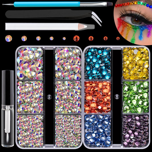 Colorful Face Gems for Makeup Set, Flatback Gorgeous AB Gems+Mixed-Colored Chameleon Crystals with Makeup Glue+Picker Pencil+Tweezer+Dual-End Dotting Tool for Eye Body Hair Make-up and Nail Art Deco