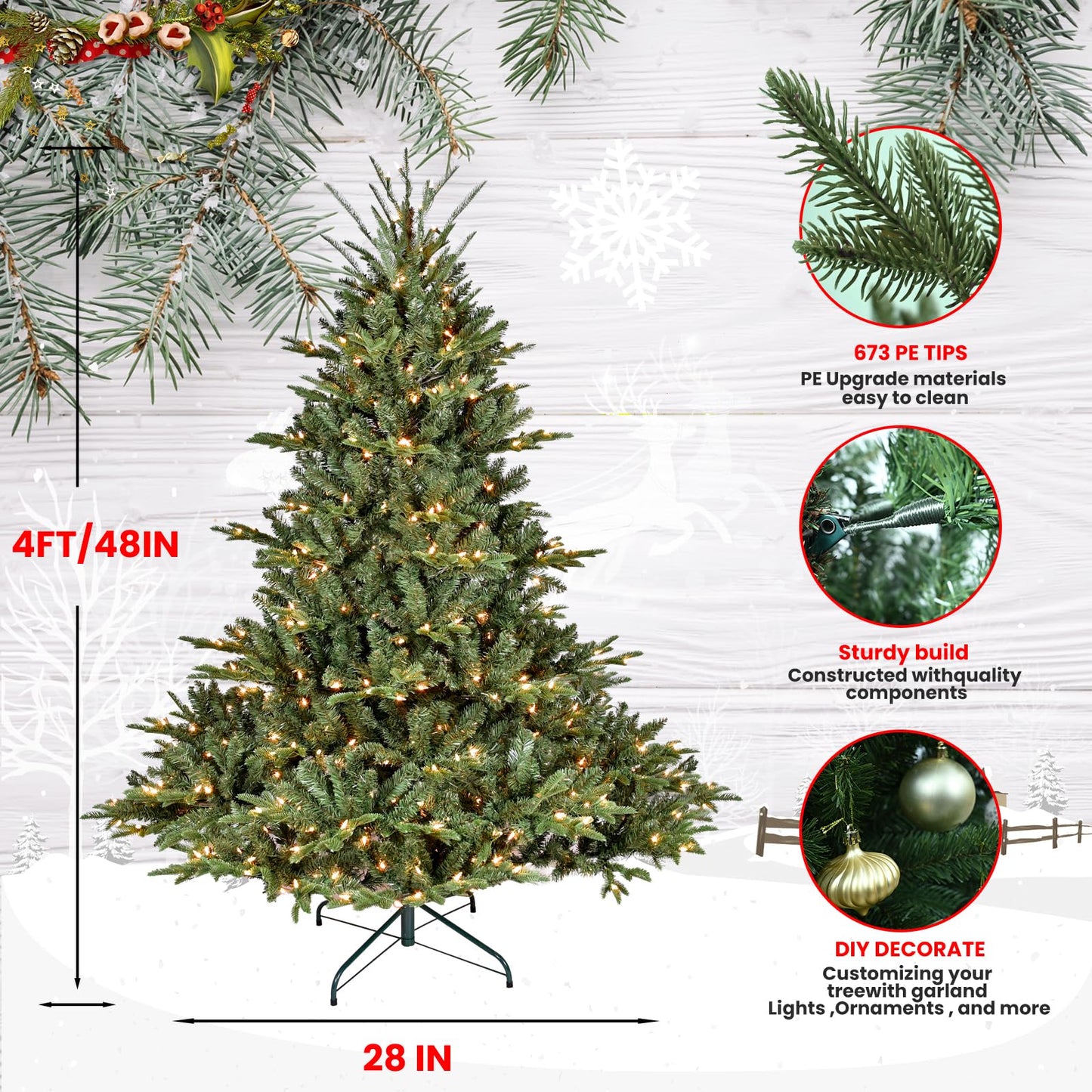 Pre-Lit Premium Spruce Fake Xmas Tree with 200 Lights, Leheyhey 4FT Artificial Christmas Tree with 674 PE&PVC Mixed Branch Tips, Metal Stand and Hinged Branches